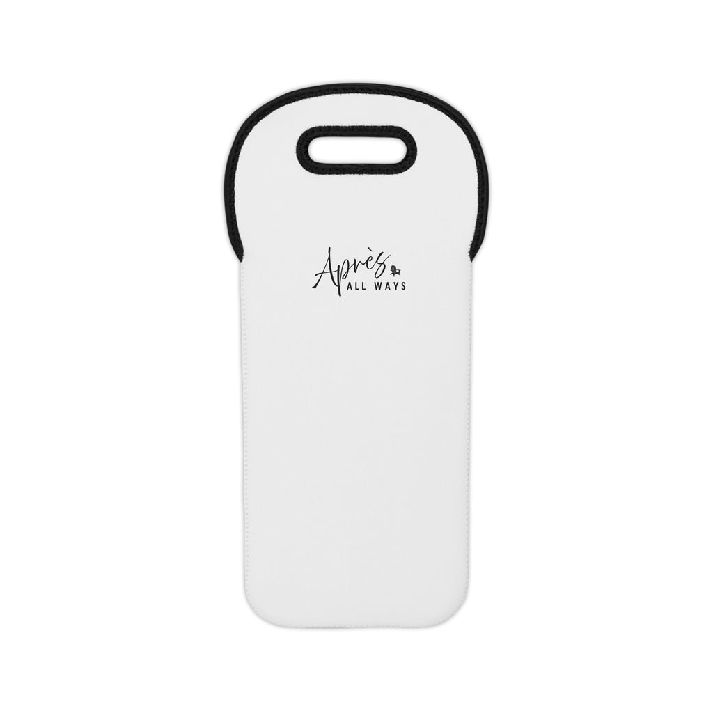 White single-bottle wine tote with black trim, a cutout carrying handle, and a black Après All Ways logo on the back, against a white background.