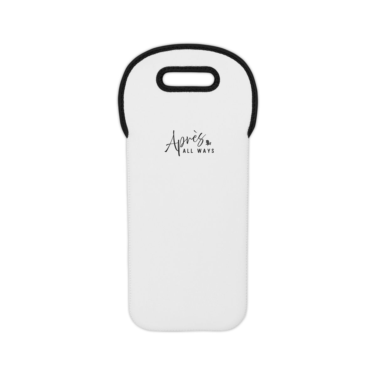 White single-bottle wine tote with black trim, a cutout carrying handle, and a black Après All Ways logo on the back, against a white background.