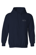 Front view of a navy Après All Ways pullover hoodie with a small light-colored chest logo, drawstring hood, and kangaroo pocket on a white background.