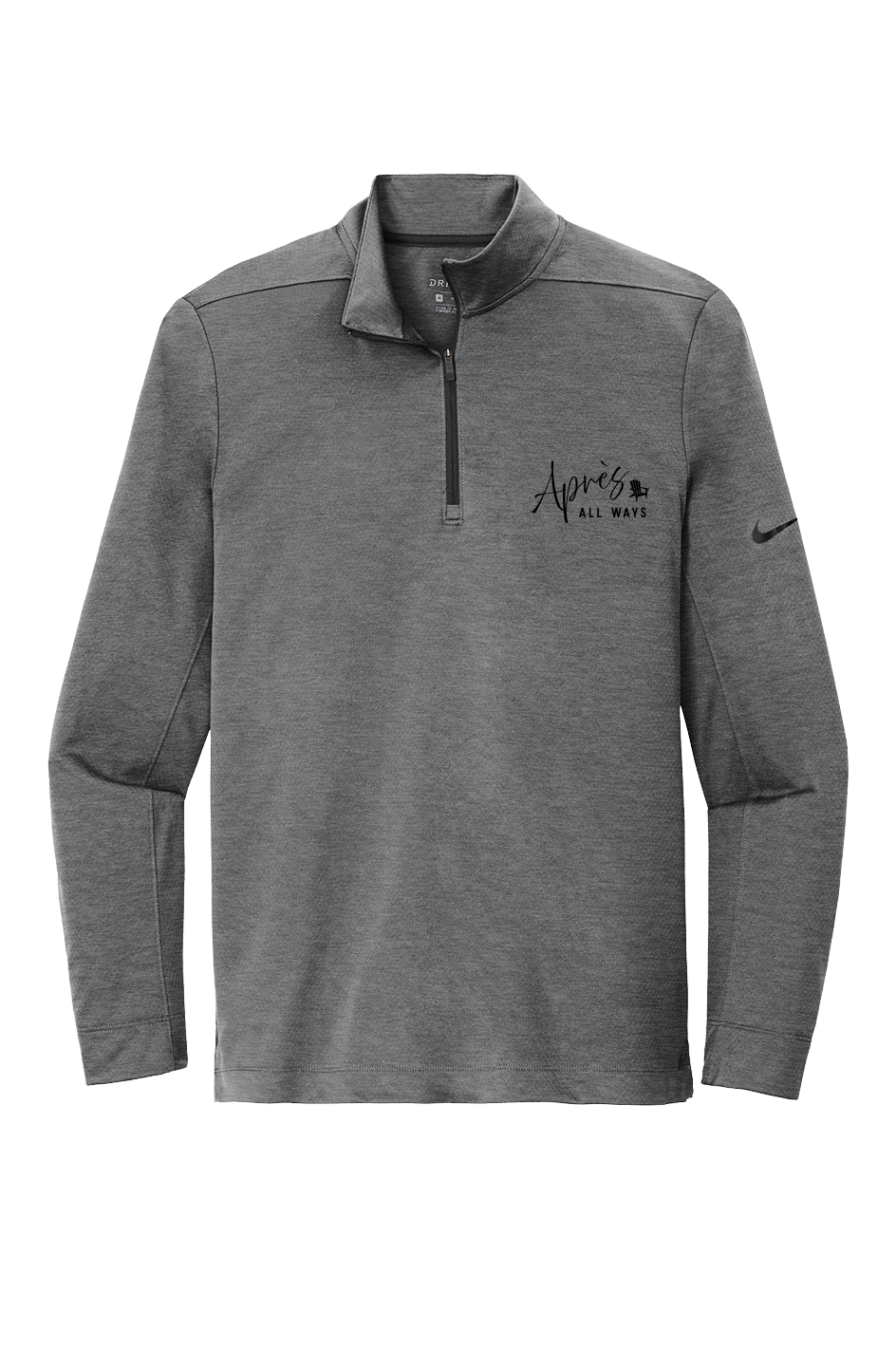 Front view of a gray Nike Dri-FIT half-zip pullover with a black Après All Ways chest logo and black Nike Swoosh on the sleeve.