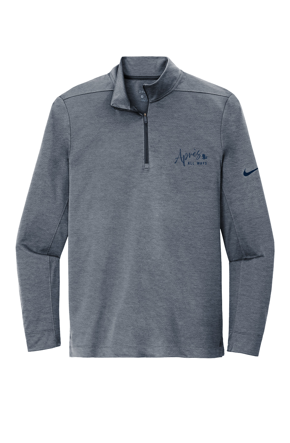 Front view of a navy heather Nike Dri-FIT half-zip pullover with a navy blue Après All Ways chest logo and navy blue Nike Swoosh on the sleeve.