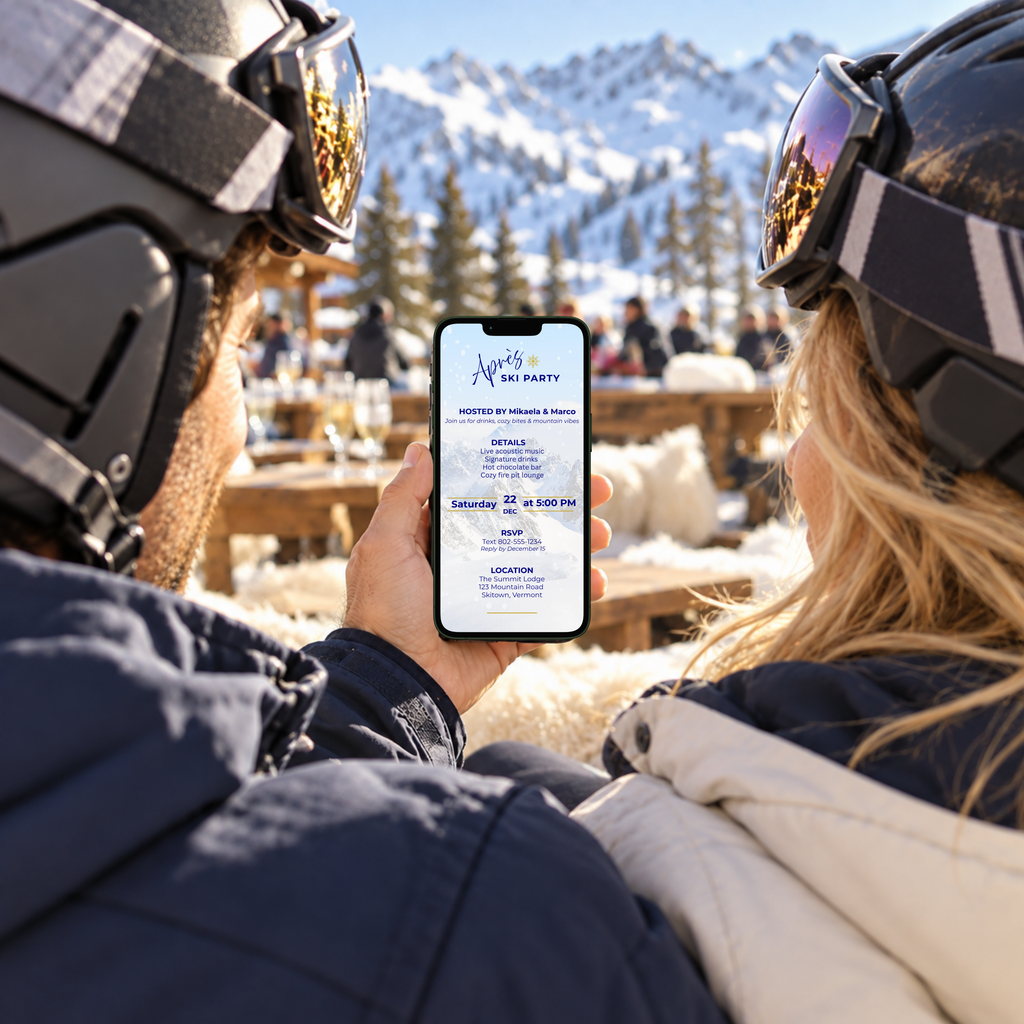 Two skiers viewing an après ski party invitation on a smartphone, with a lively lodge patio and snowy mountains in the background.