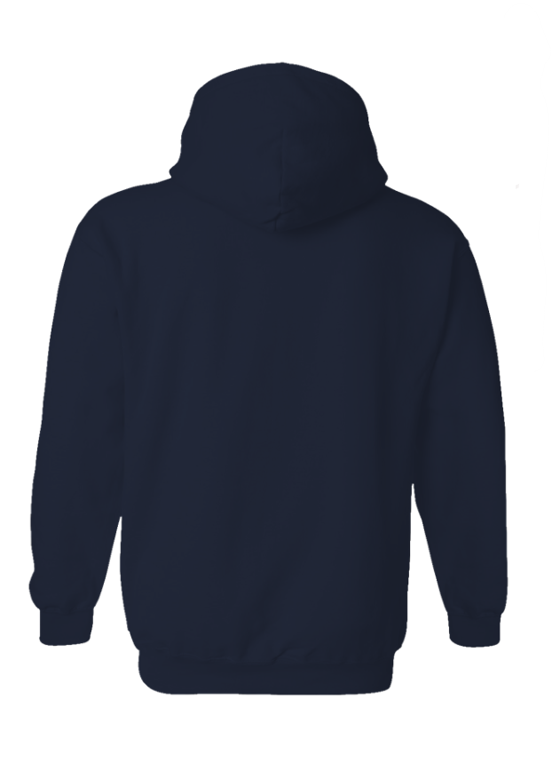 Back view of a plain navy Après All Ways pullover hoodie with a hood, long sleeves, and ribbed cuffs and hem, with no graphic on the back.