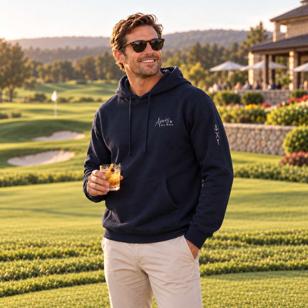 Man wearing the navy Après All Ways minimal logo hoodie and sunglasses on a golf course