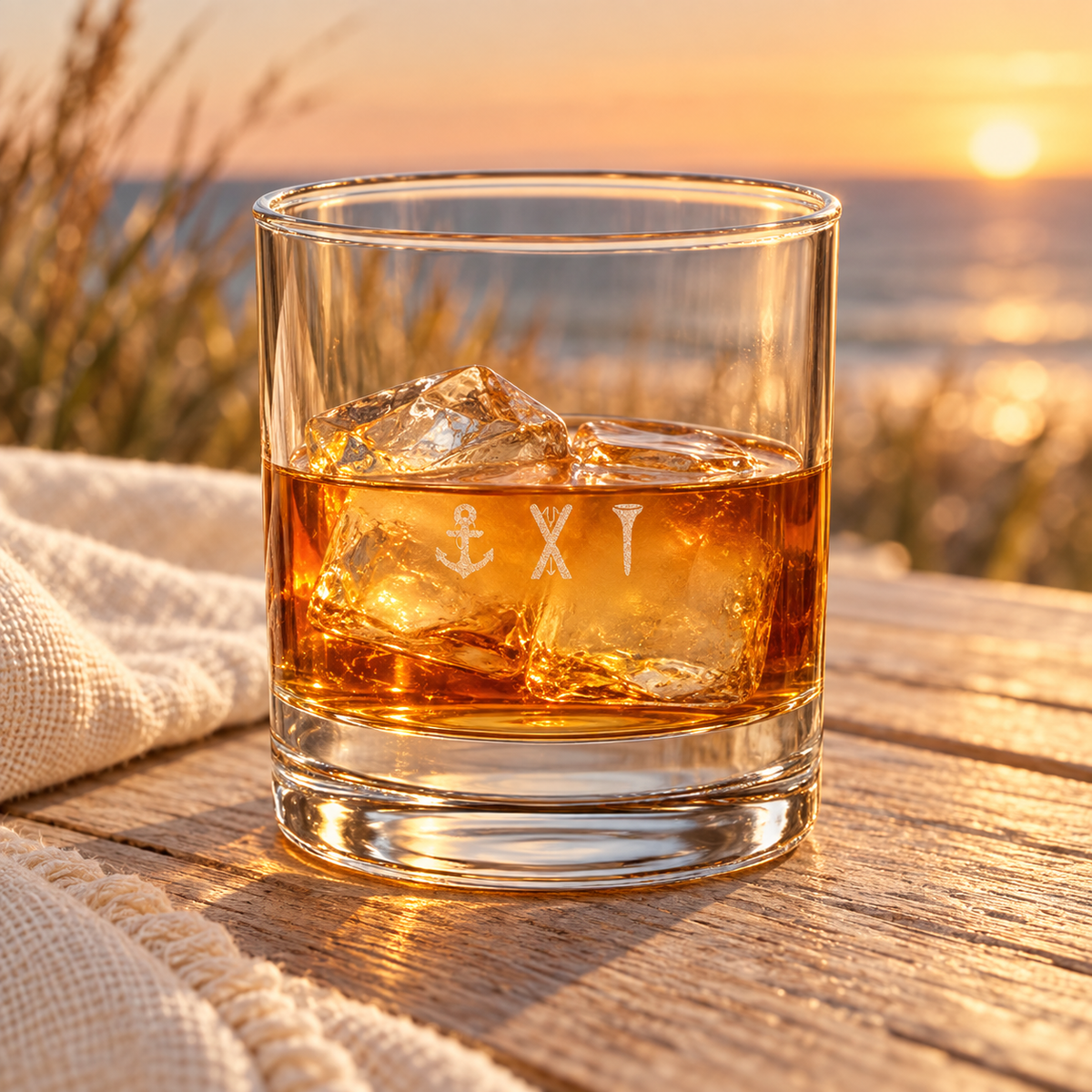 Après All Ways rocks glass displaying anchor, crossed skis, and golf tee icons, filled with an amber drink and ice beside the ocean at sunset.