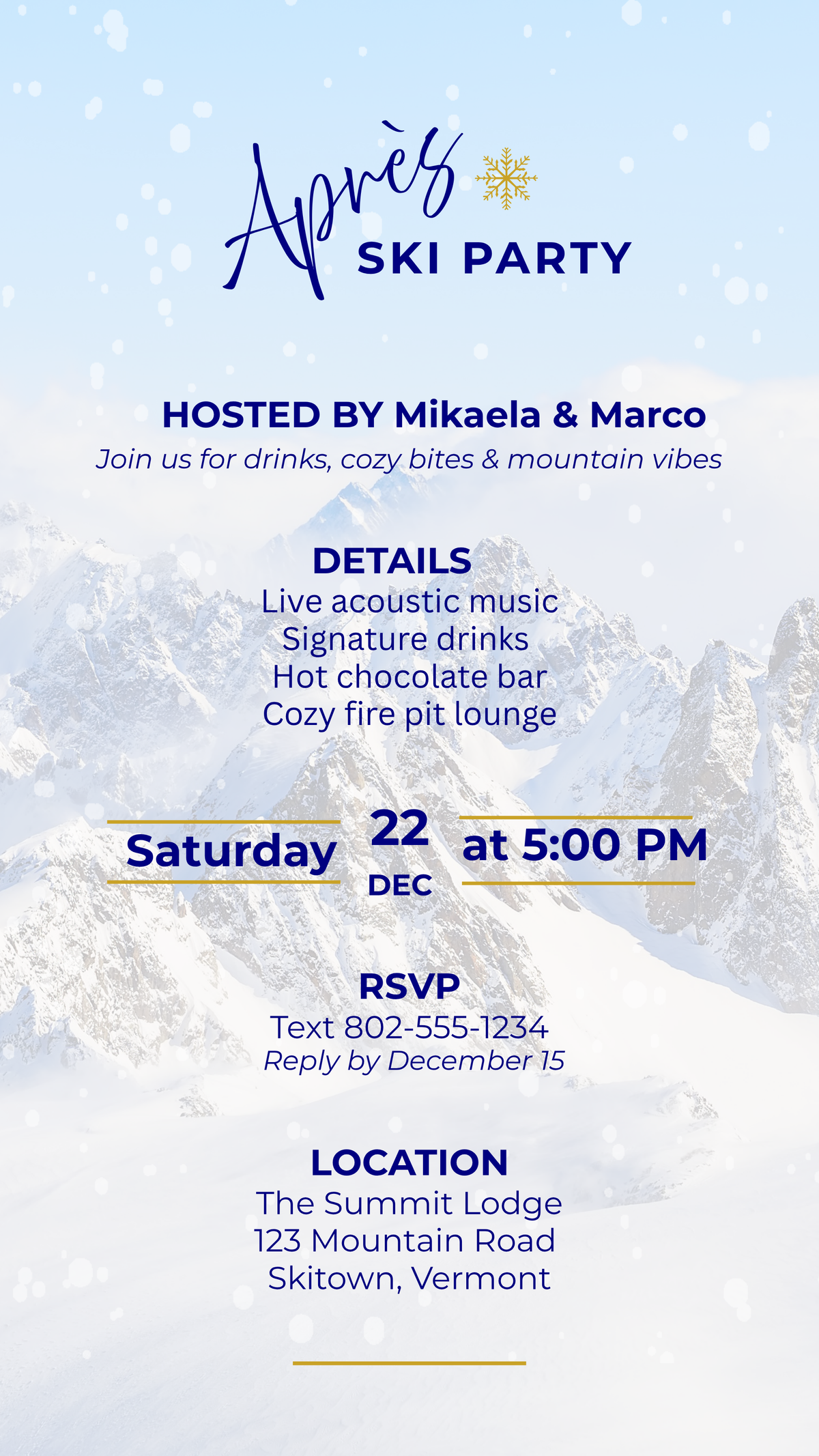 Digital après ski party invitation featuring snowy mountains, white snowflakes, navy lettering, gold accents, and sample event and RSVP details.