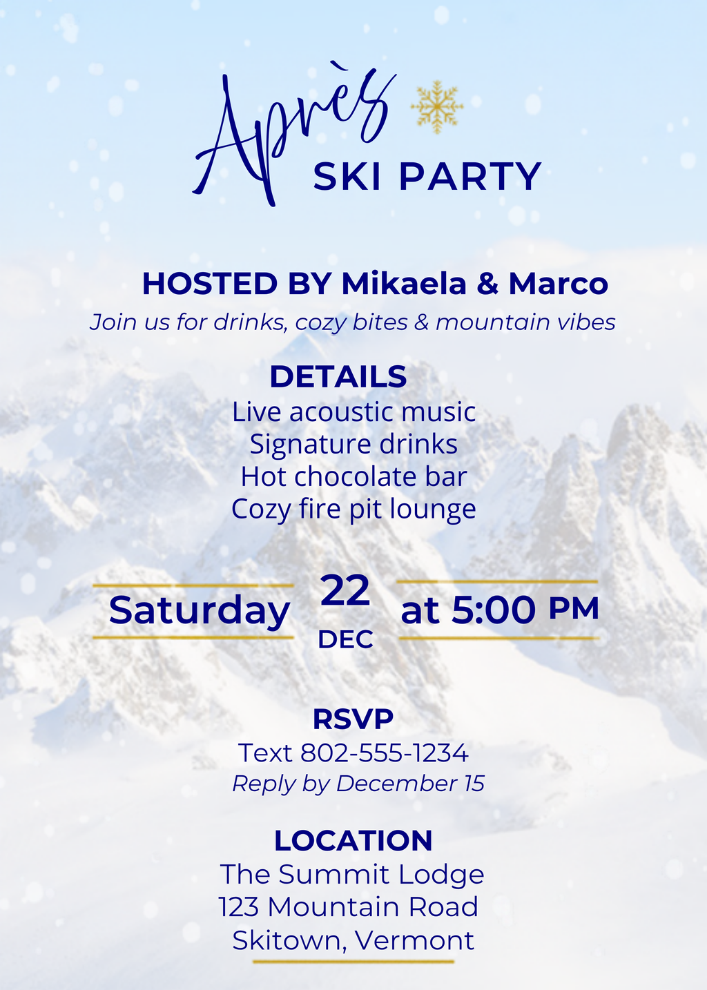 Après ski party printable invitation with a snowy mountain background, navy lettering, and gold accents, featuring sample event details and RSVP information.