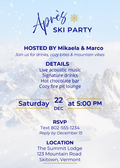 Après ski party printable invitation with a snowy mountain background, navy lettering, and gold accents, featuring sample event details and RSVP information.
