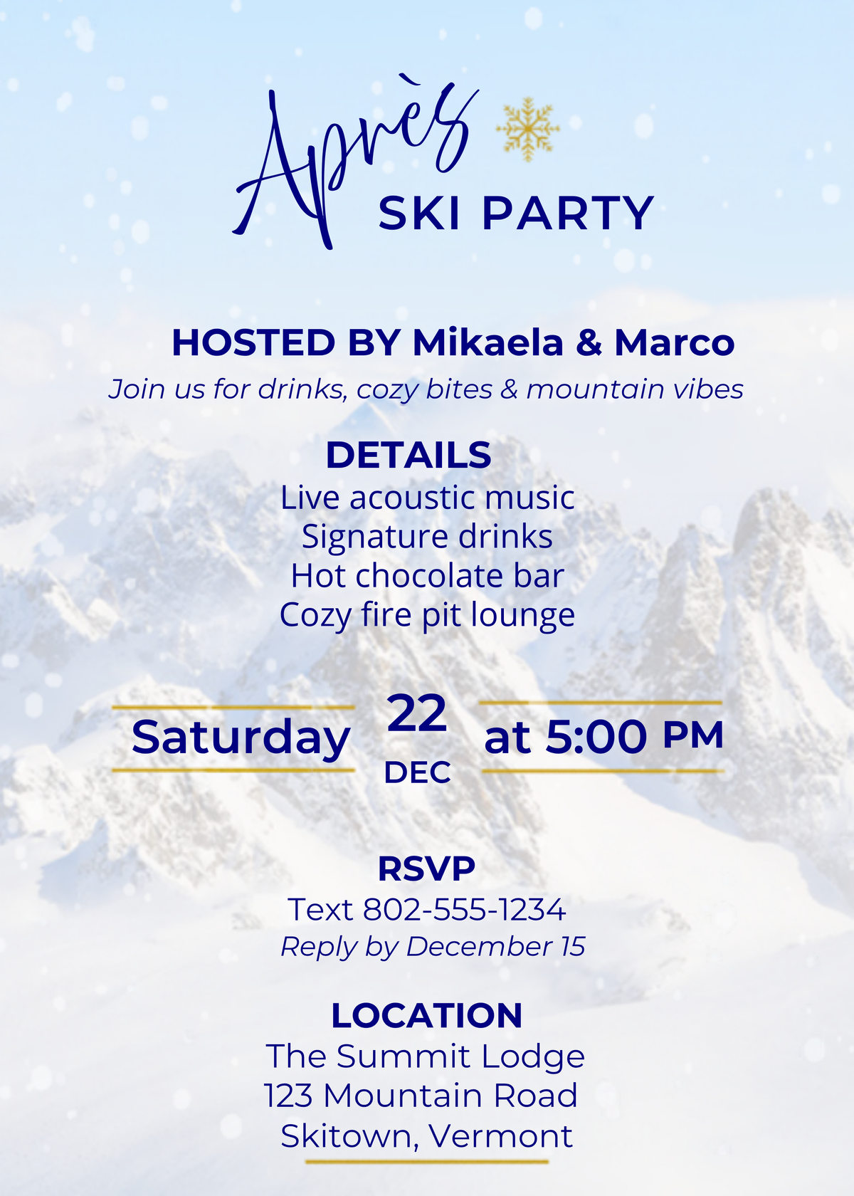 Après ski party printable invitation with a snowy mountain background, navy lettering, and gold accents, featuring sample event details and RSVP information.