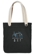 Black Après All Ways tote bag with cream handles, silver grommets, a blue logo, and white anchor, crossed skis, and golf tee icons.
