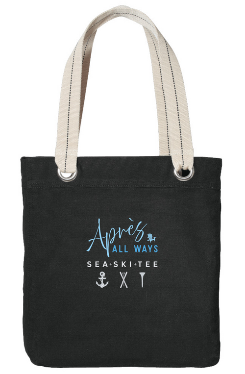 Black Après All Ways tote bag with cream handles, silver grommets, a blue logo, and white anchor, crossed skis, and golf tee icons.