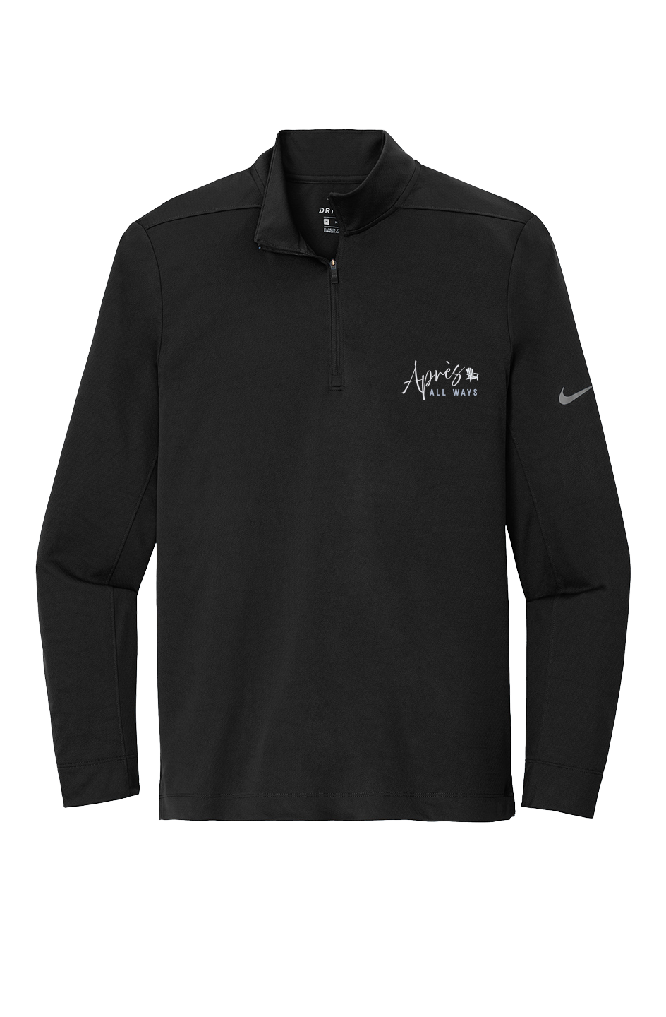 Front view of a black Nike Dri-FIT half-zip pullover with a white Après All Ways chest logo and gray Nike Swoosh on the sleeve.