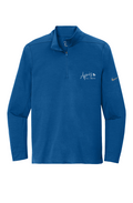 Front view of a blue Nike Dri-FIT half-zip pullover with a white Après All Ways chest logo and gray Nike Swoosh on the sleeve.
