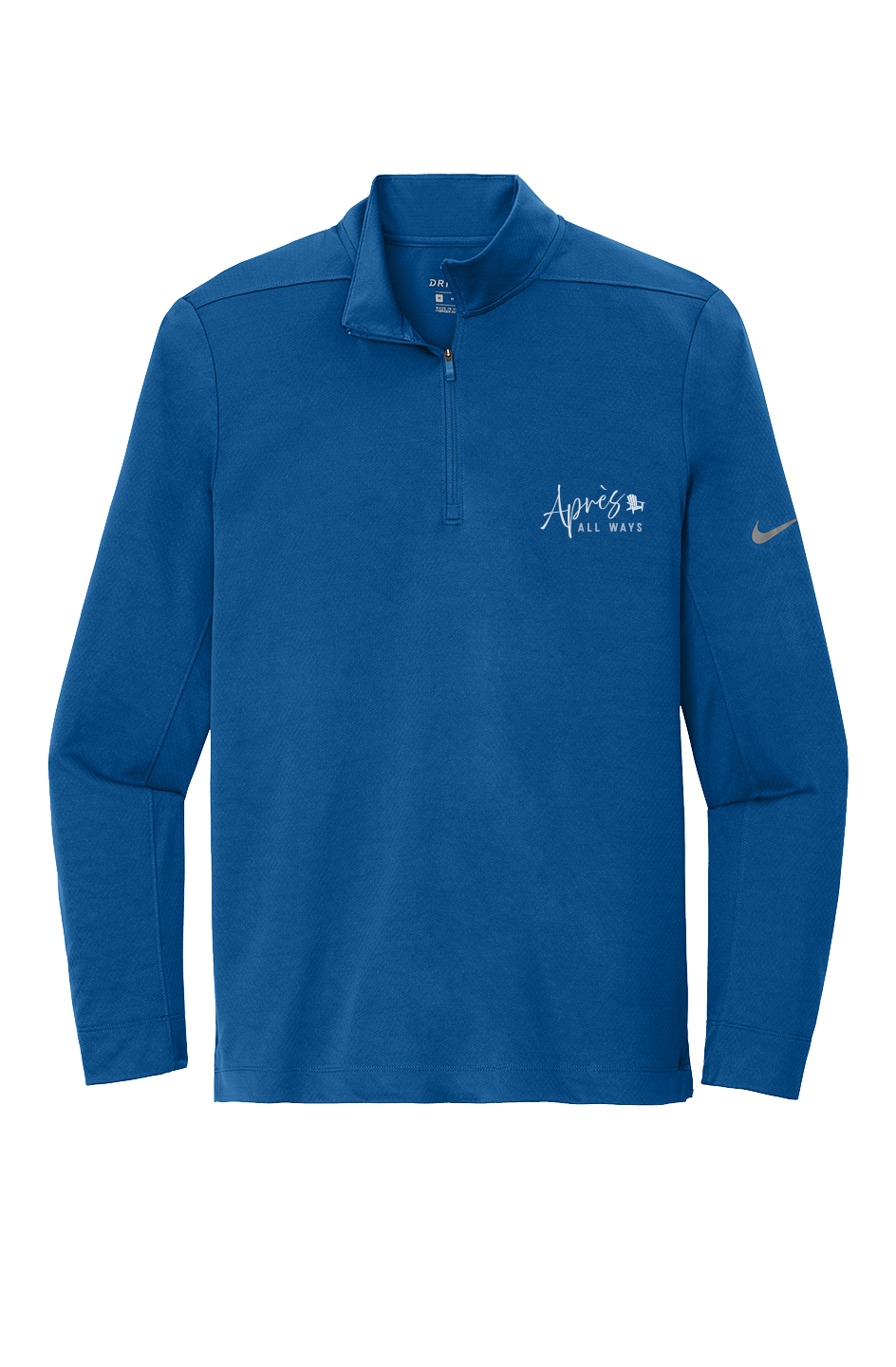 Front view of a blue Nike Dri-FIT half-zip pullover with a white Après All Ways chest logo and gray Nike Swoosh on the sleeve.