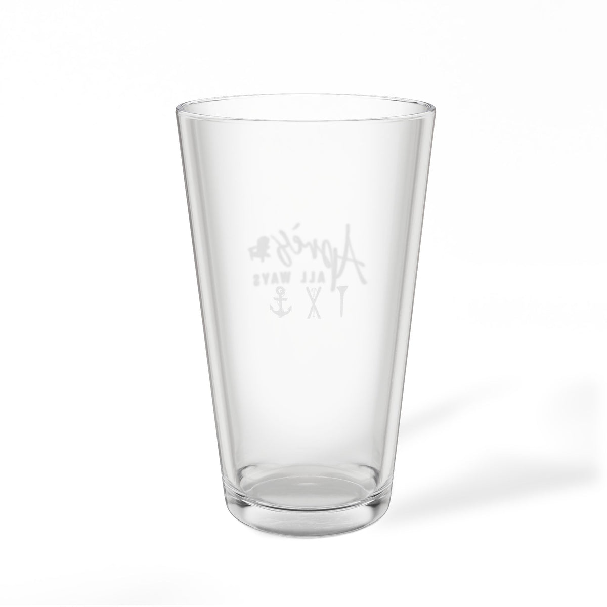 Back view of an Après All Ways pint glass featuring anchor, crossed skis, and golf tee icons representing sea, ski, and golf.