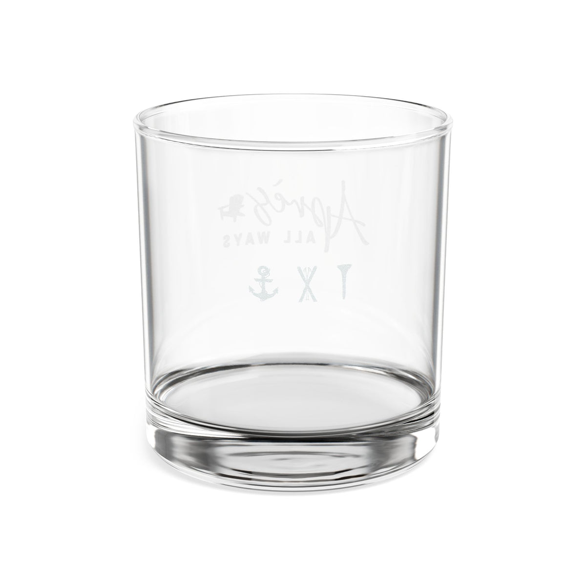 Empty Après All Ways rocks glass featuring anchor, crossed skis, and golf tee icons.