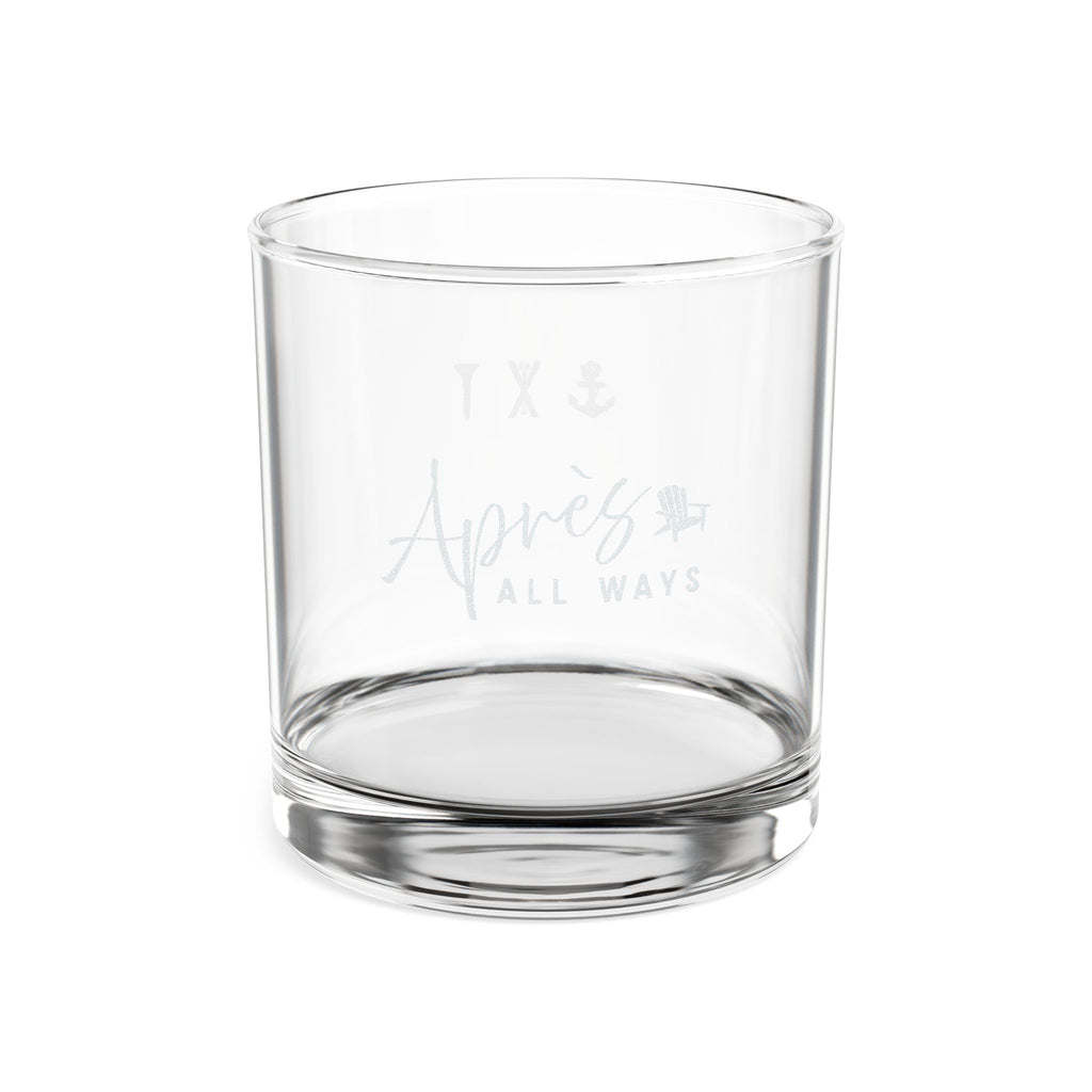 Empty Après All Ways rocks glass featuring the brand logo and Adirondack chair icon.