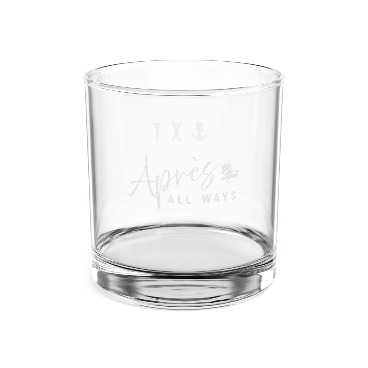 Empty Après All Ways rocks glass featuring the brand logo and Adirondack chair icon.