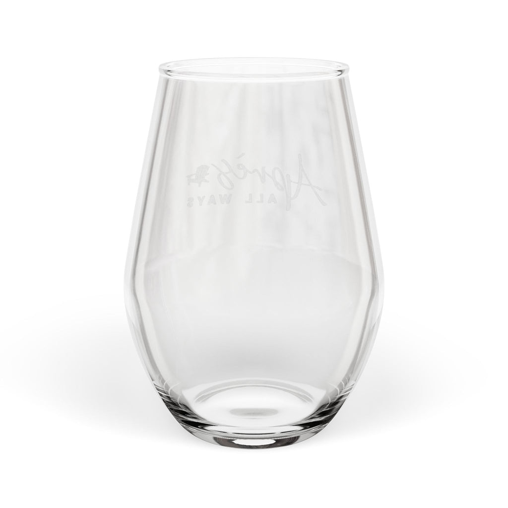 Back of an empty clear stemless wine glass, with the Après All Ways logo visible in reverse through the glass, on a white background.