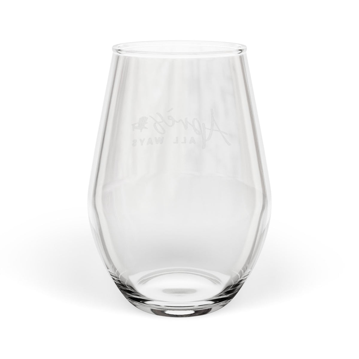 Back of an empty clear stemless wine glass, with the Après All Ways logo visible in reverse through the glass, on a white background.