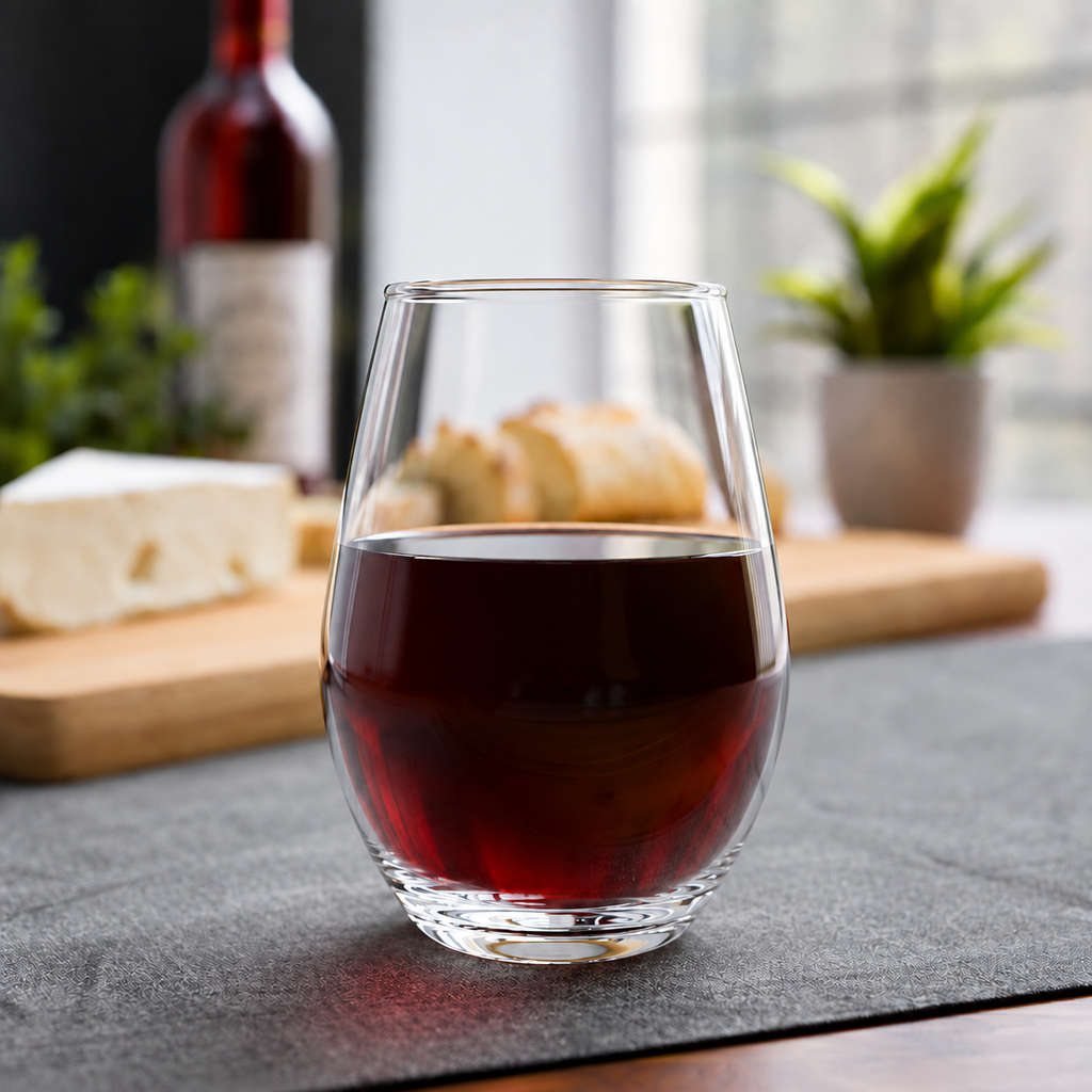Plain back of an Après All Ways stemless wine glass filled with red wine, beside a cheese and bread board in soft daylight.