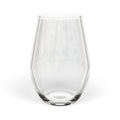 Empty clear stemless wine glass featuring the Après All Ways logo and Adirondack chair icon on a white background.