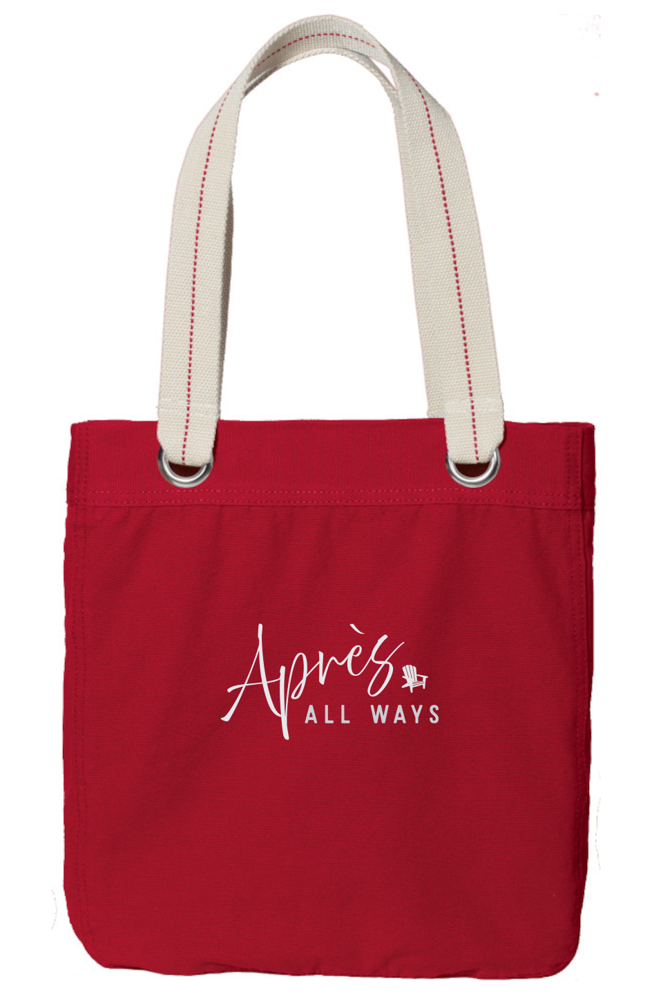 Sangria red Après All Ways tote bag with cream handles, silver-tone grommets, and a white logo with an Adirondack chair icon on the front.