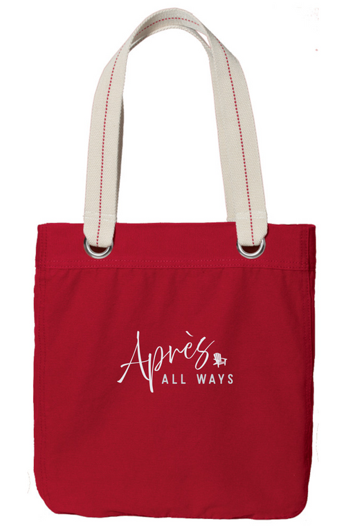 Sangria red Après All Ways tote bag with cream handles, silver-tone grommets, and a white logo with an Adirondack chair icon on the front.