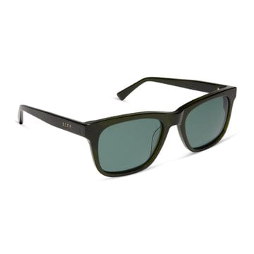 Sunglasses with dark frames and green lenses on a white background