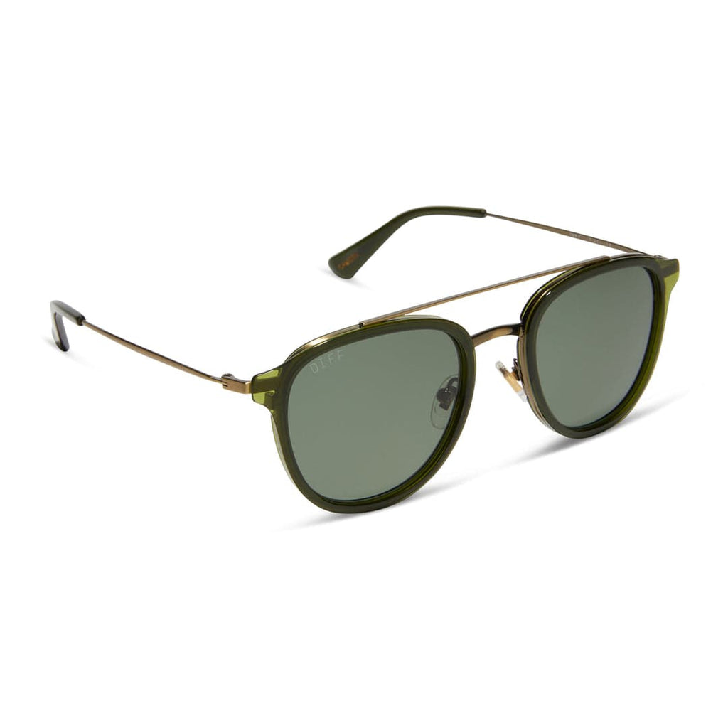 Camden by DIFF polarized sunglasses with olive green frames, green-gray lenses, and gold-tone metal arms, angled on a white background.