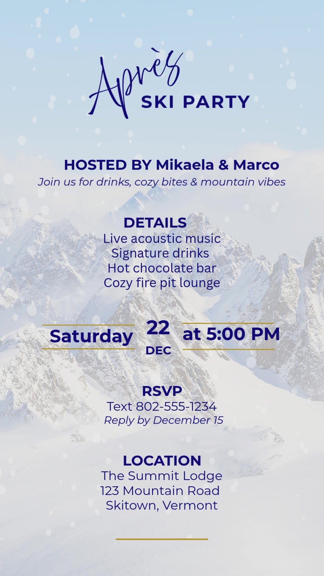 Animated après ski party invitation with falling snow over snowy mountains, navy lettering, gold accents, and sample event and RSVP details.