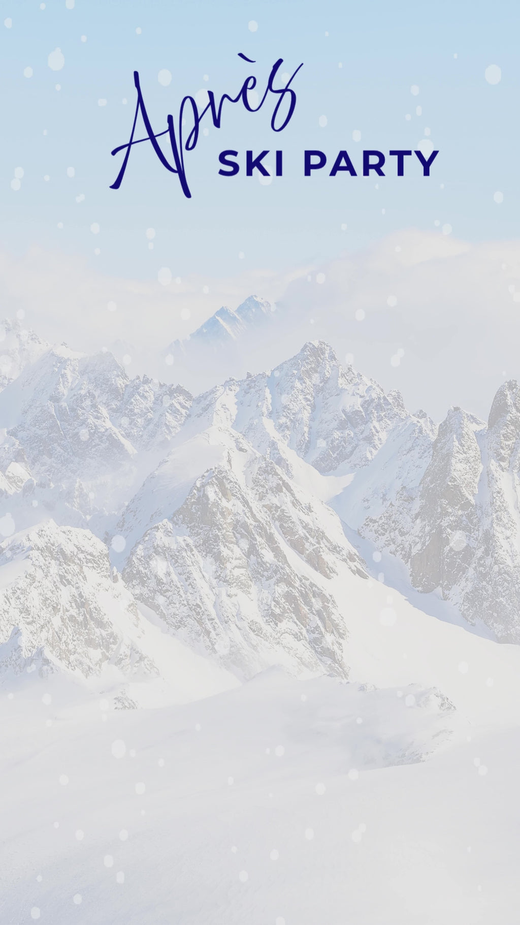 Après ski video invitation with falling snow over snowy mountains, navy text, and gold accents, transitioning through a welcome message and sample party details.