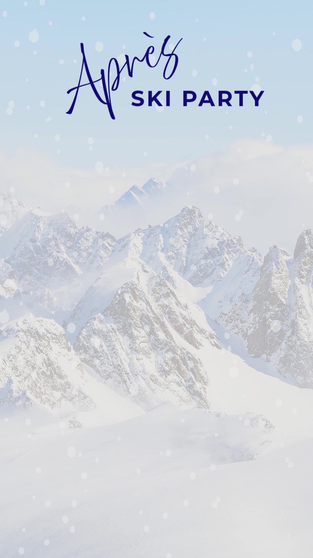 Après ski video invitation with falling snow over snowy mountains, navy text, and gold accents, transitioning through a welcome message and sample party details.