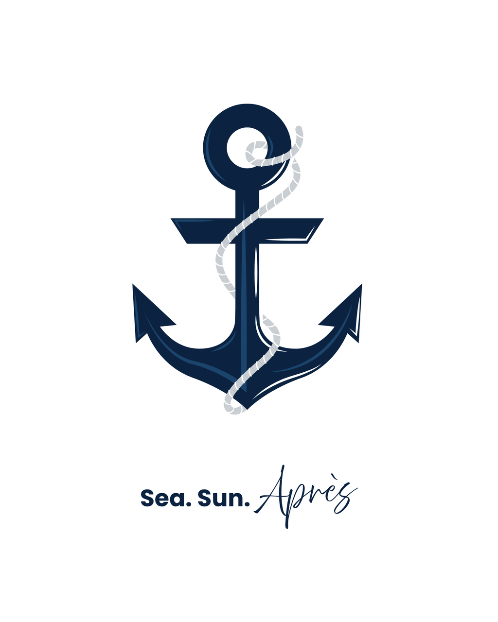 Navy blue anchor wrapped in light gray rope above the words “Sea. Sun. Après” on a white background.